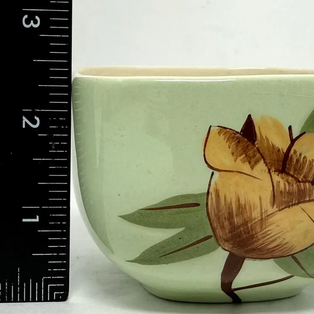 Weil Ware California Pottery Cup & Plate Set Hand Decorated Bamboo Lotus Vintage